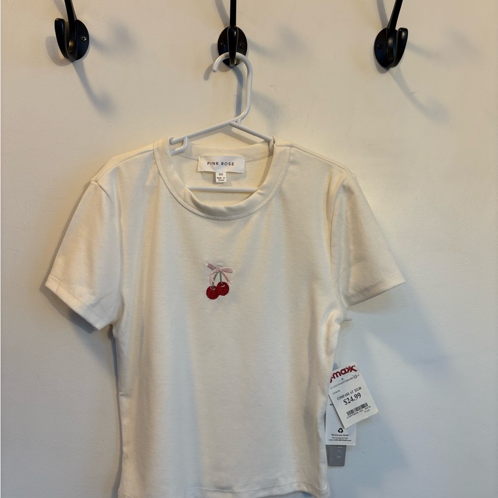 Pink Rose Cream Cherry Embroidered Tee